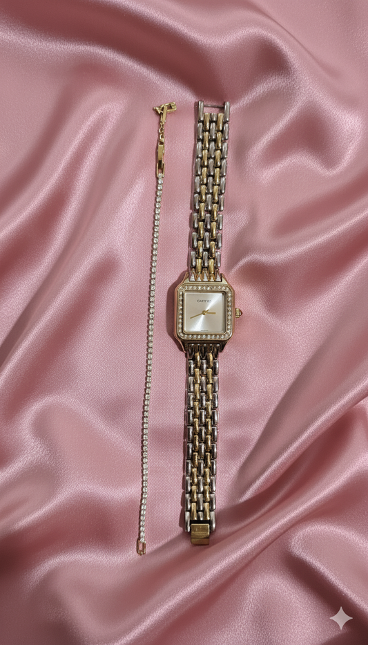 Montre Cartier avec tableau carré + rivière en acier